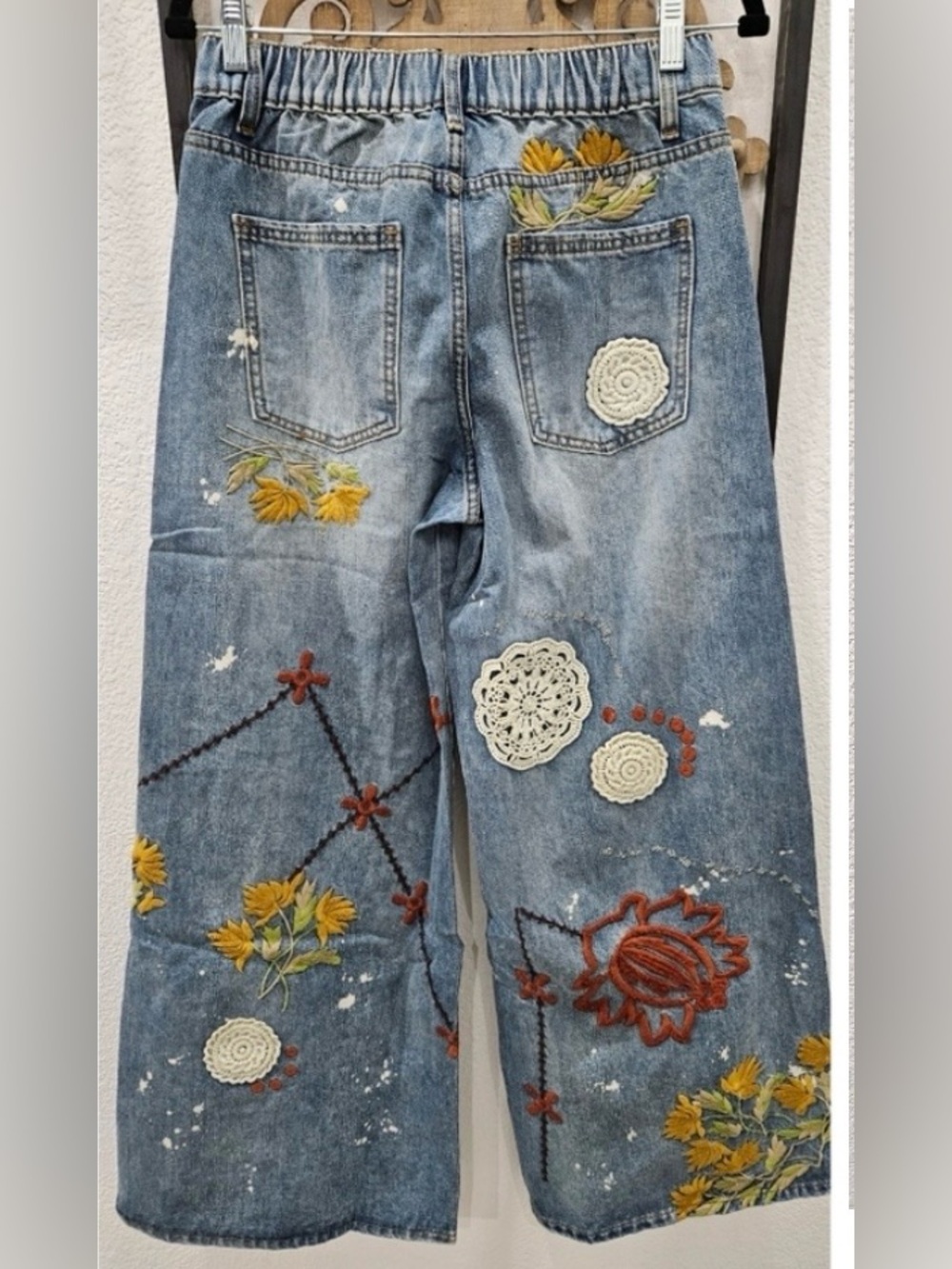 Oli & Hali Blue Denim Wide Leg Jeans with White Crochet & Mustard Embroidery - Picture 6 of 7